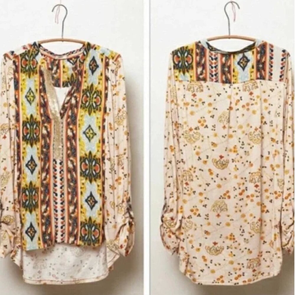 TINY Anthropologie Gold Sequin Mixed Media Boho Top Blouse